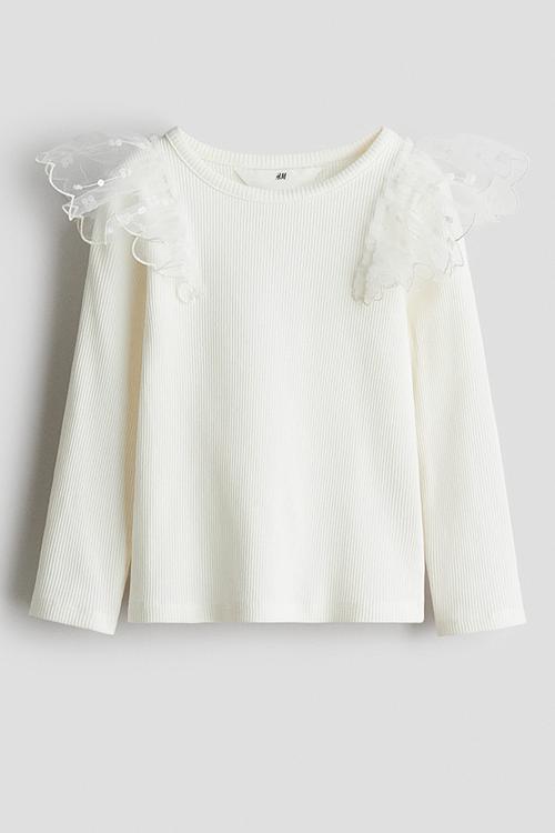 Tulle-detail cotton top - white