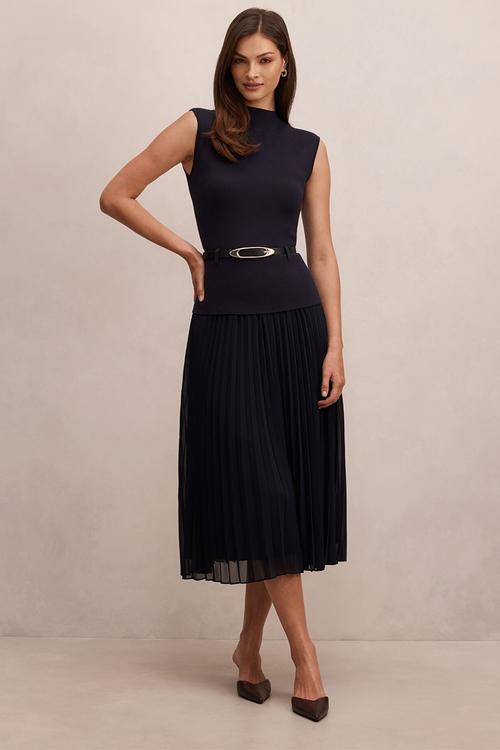 Lorelei woven mixed midi dress in navy