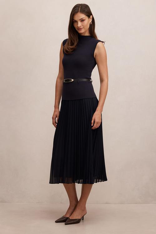 Lorelei woven mixed midi dress in navy