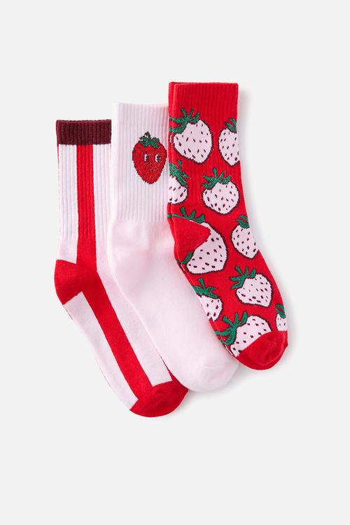 Kids 3Pk Crew Socks - Tea Party Pink/Varsity Red Strawberry