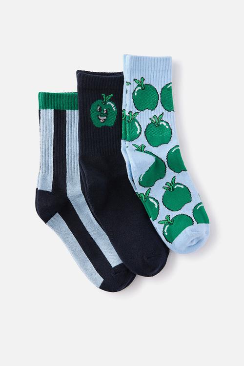 Kids 3Pk Crew Socks - Squid Ink/Ice Blue Apple