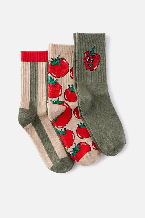 Kids 3Pk Crew Socks - Khaki Green/Rainy Day Pepper