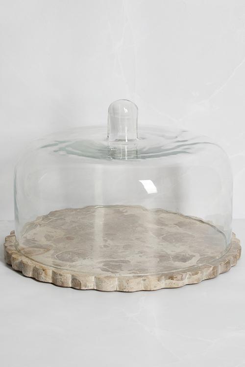 Scalloped Marble Cake Stand with Glass Dome - Natural