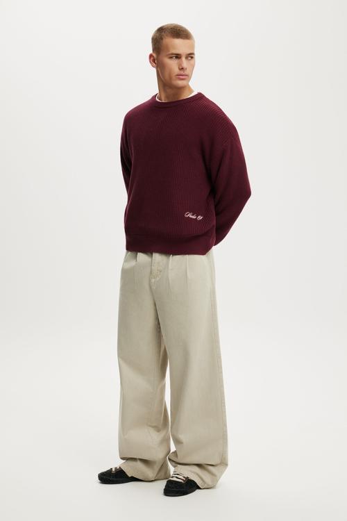 Box Fit Crew Knit - Plum Emb