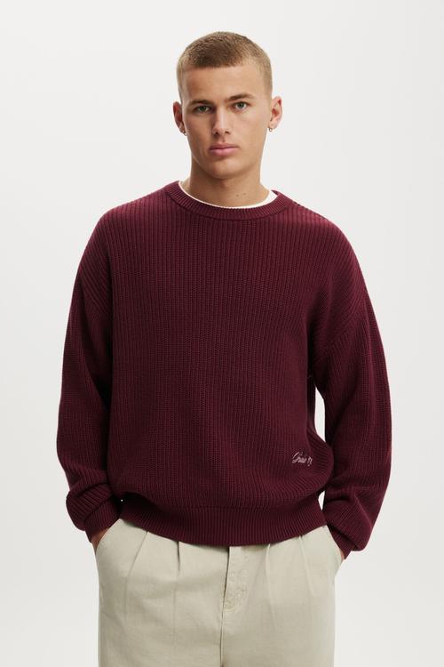 Box Fit Crew Knit - Plum Emb