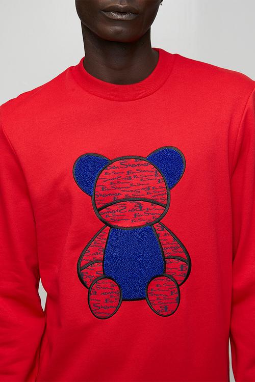 Chenille Bear Applique Crew Sweater - Red