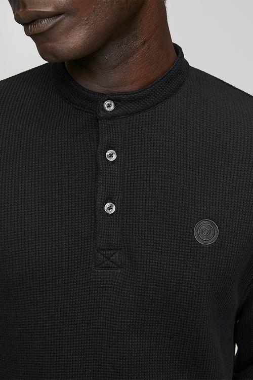 Henley Long Sleeve Waffle Knit - Black