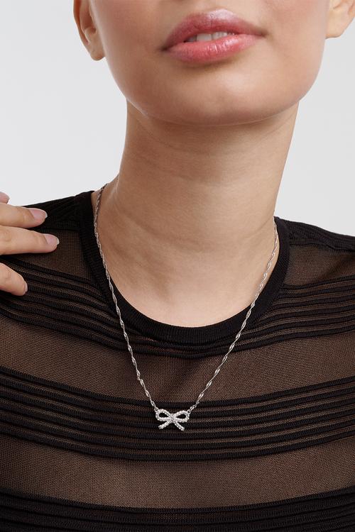 Ribah crystal ribbon bow pendant necklace - silver