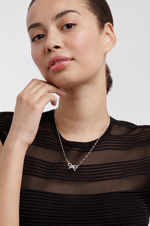 Ribah crystal ribbon bow pendant necklace - silver