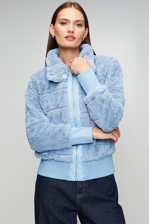 L/S Faux Fur Zip Through Jacket - Denim Blue