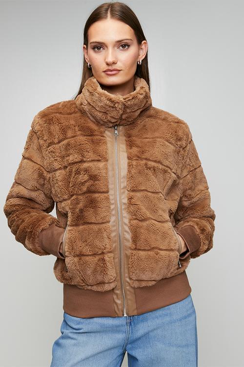 Long sleeve Faux Fur Zip Through Jacket - Brown