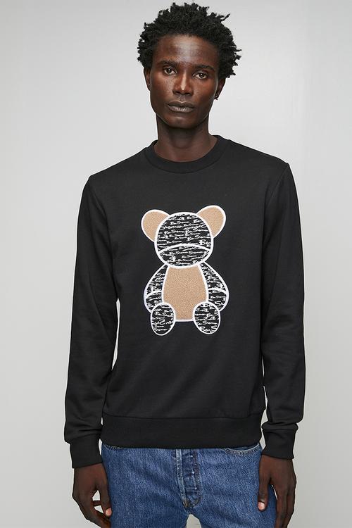 Chenille Bear Applique Crew Sweater - Black