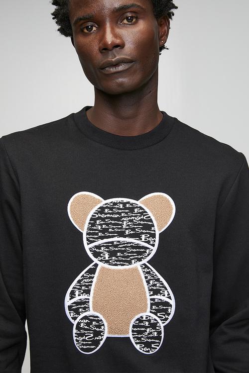 Chenille Bear Applique Crew Sweater - Black