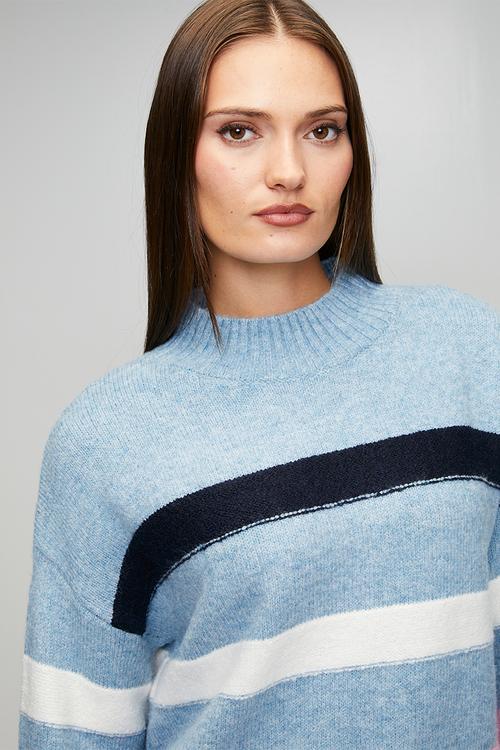 Long Sleeve Easy Wearing Stripe Sweater - Skylight