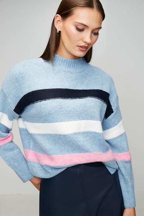 Long Sleeve Easy Wearing Stripe Sweater - Skylight