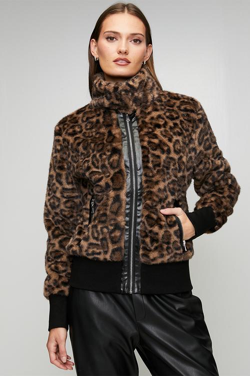 Long Sleeve Faux Fur Zip Through Jacket - Animal Print
