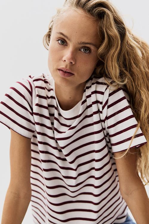 Cotton T-shirt - white/burgundy striped