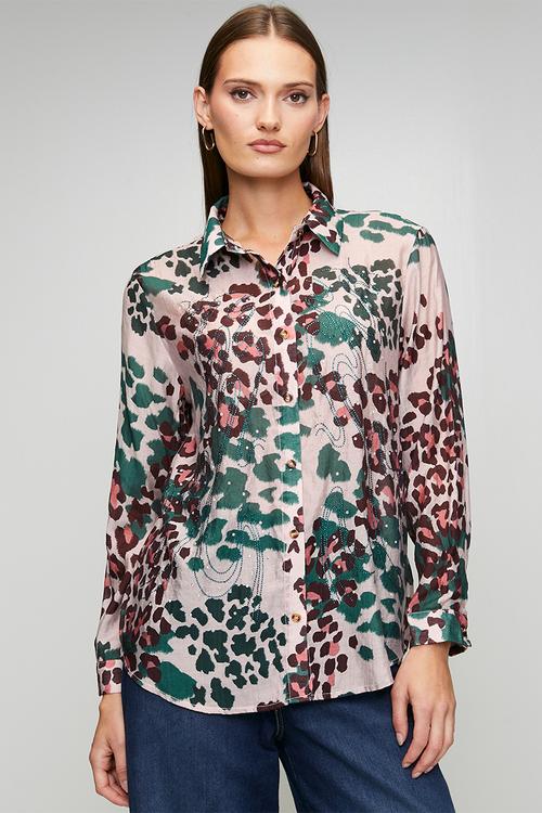 Long sleeve  Button Through Sheer Printed Blouse  Teal
