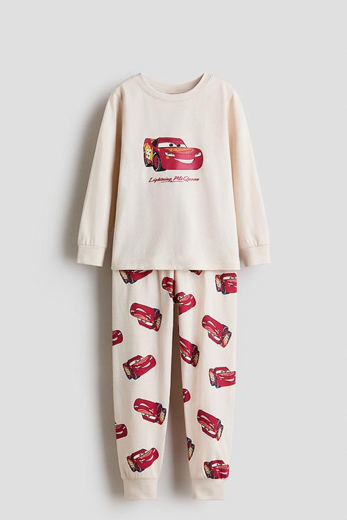 Printed cotton jersey pyjamas - light beige/cars