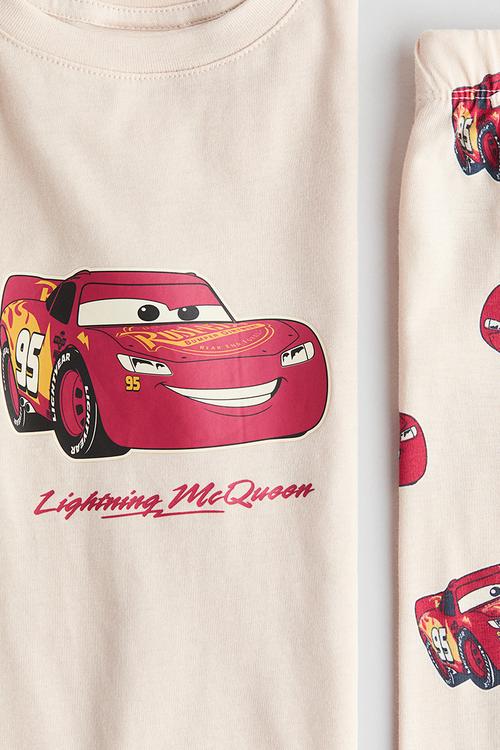 Printed cotton jersey pyjamas - light beige/cars