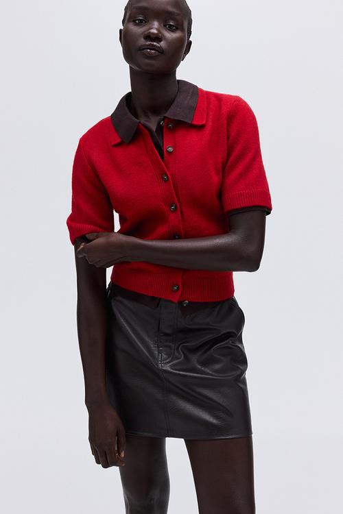 Short-sleeved collared cardigan - red