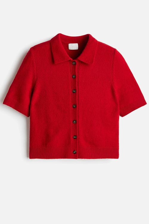 Short-sleeved collared cardigan - red