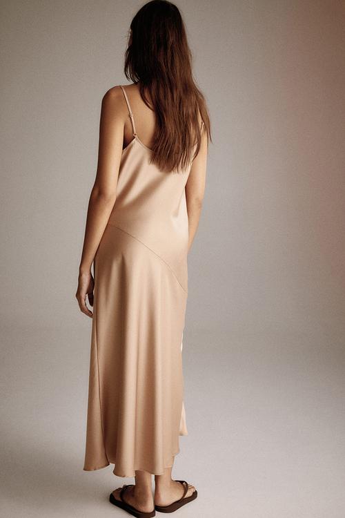 Lace-trimmed satin dress - beige