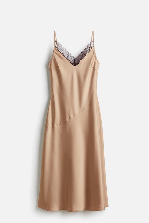 Lace-trimmed satin dress - beige