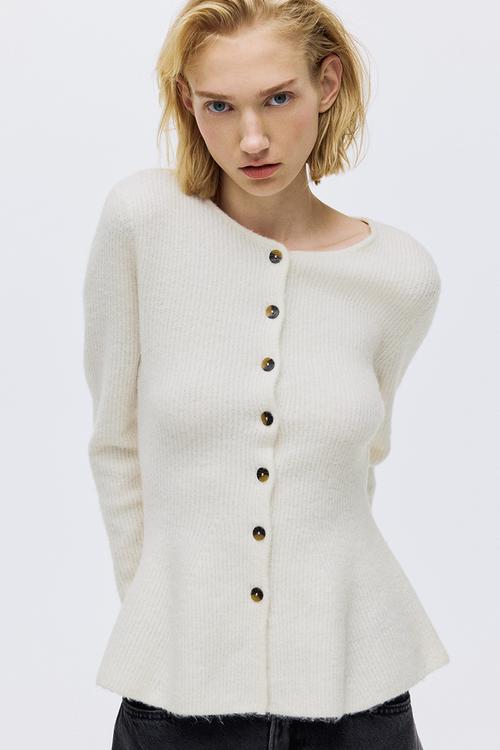 Rib-knit peplum cardigan - cream