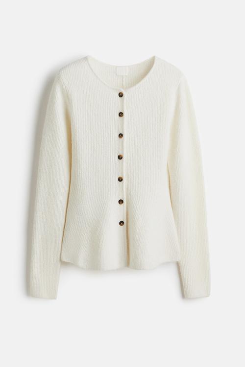 Rib-knit peplum cardigan - cream