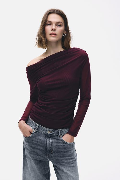 One-shoulder mesh top - dark plum purple