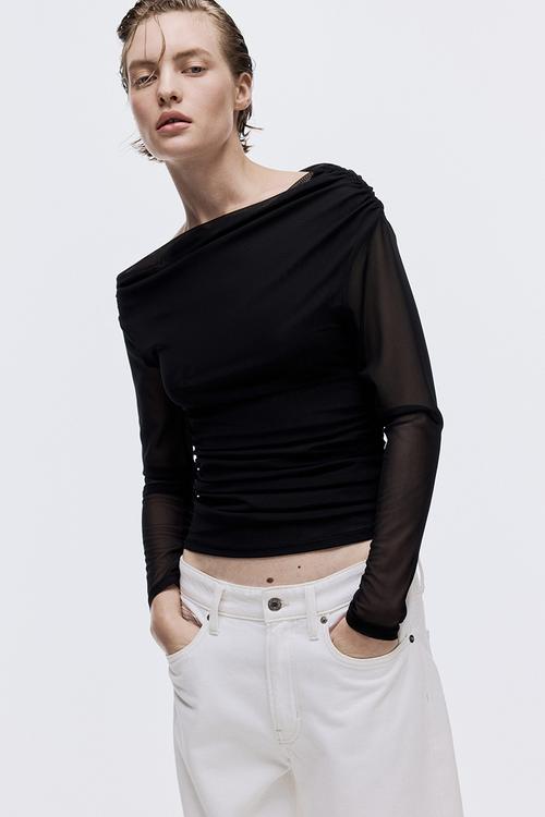 One-shoulder mesh top - black