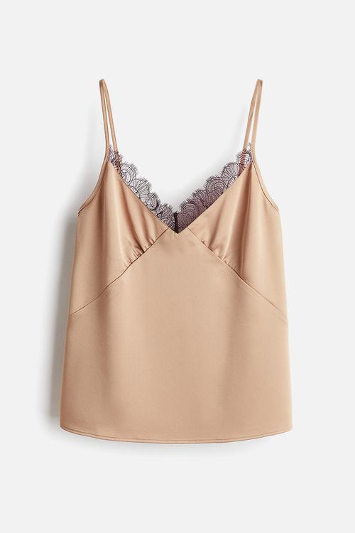 Lace-trimmed satin strappy top - beige