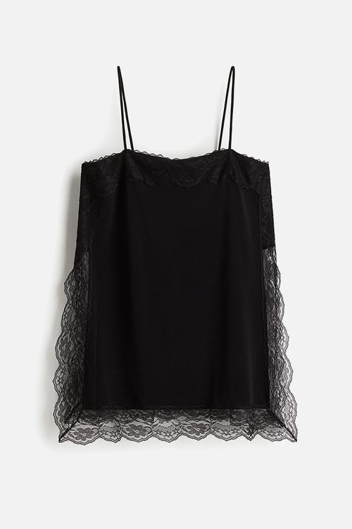 Lace-trimmed strappy top - black