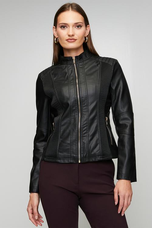 Long Sleeve Zip Through Biker Jacket - Black