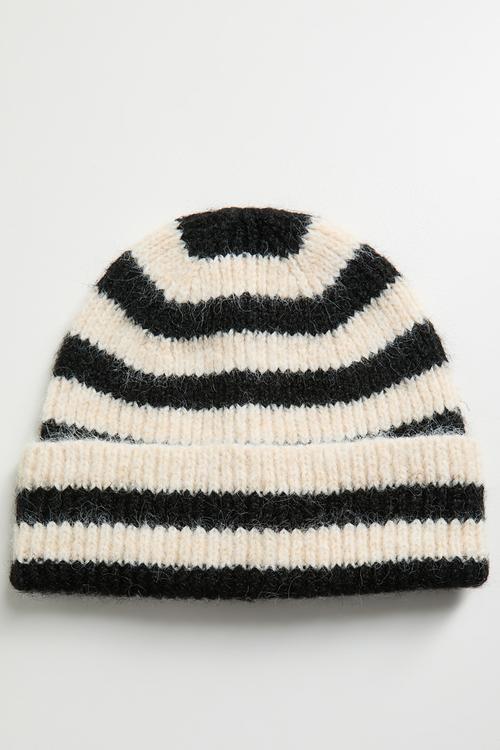 Charlene Stripe Turn Up Beanie - Cream & black 