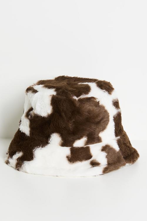 Clover Cow Print Fluffy Bucket Hat - Brown
