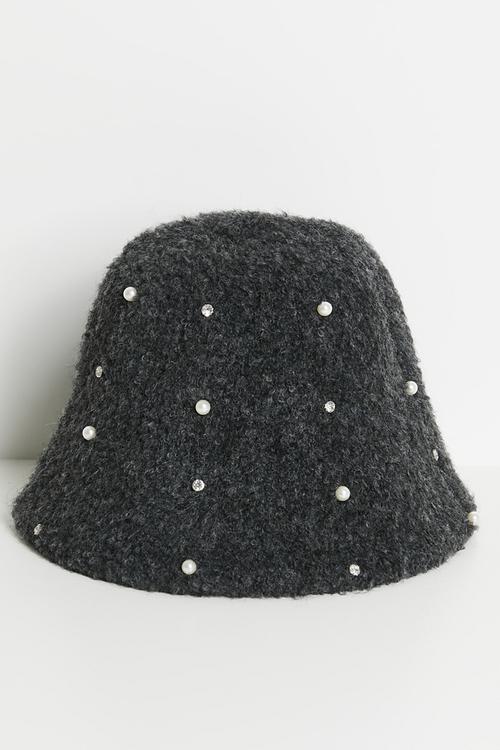 Charmaine Pearl Diamante Fluffy Bucket Hat - Charcoal