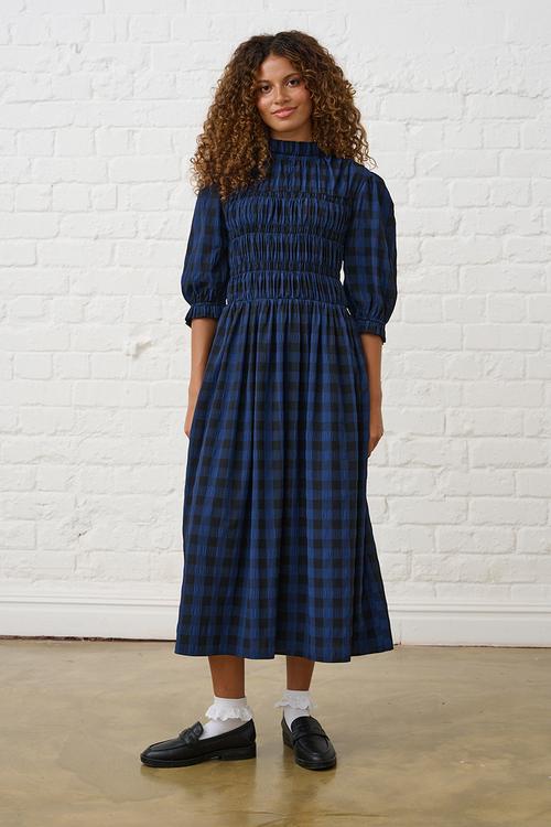 Gingham Shirred Midi Dress - Navy/Black