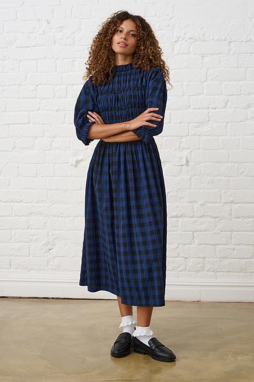 Gingham Shirred Midi Dress - Navy/Black