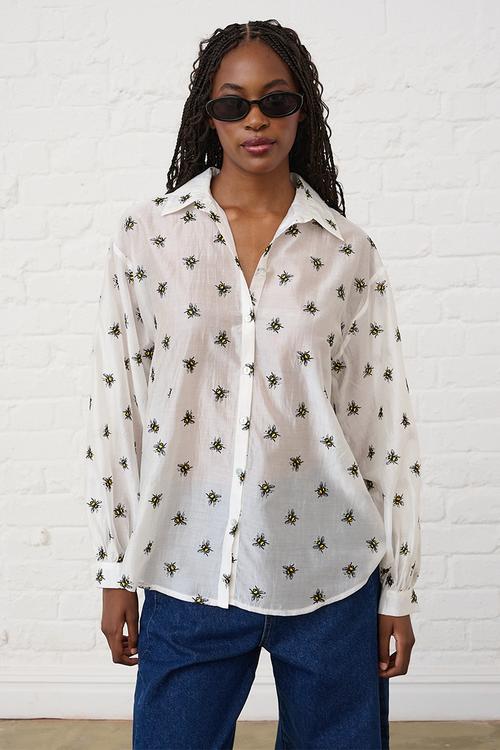 Embroidered Bee Bellow Sleeve Shirt - Yellow
