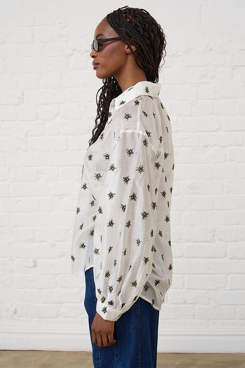 Embroidered Bee Bellow Sleeve Shirt - Yellow