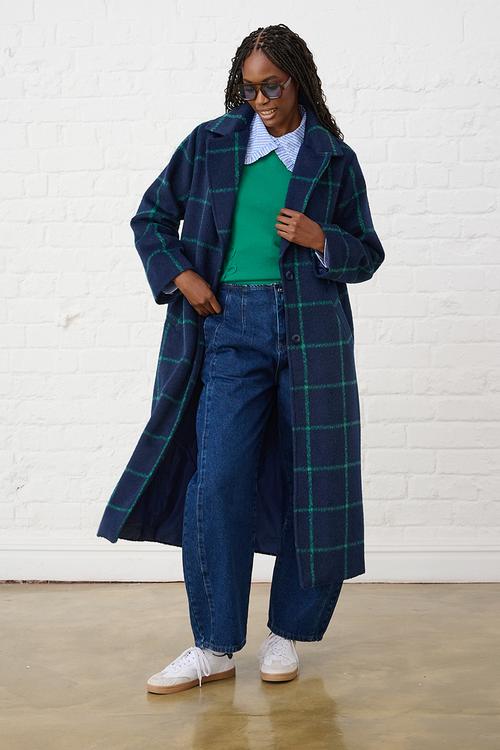 Melton Coat Grid- Ink/Green
