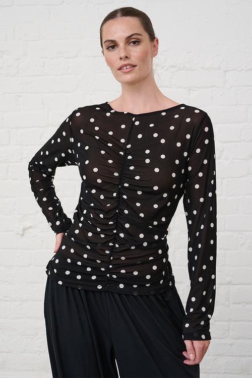 Ruched Front Mesh Top - Black