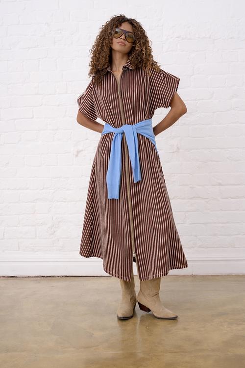Zip Front  Stripe Denim Shirt Dress - Choc