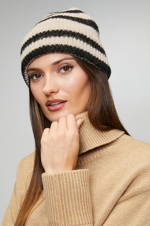 Charlene Stripe Turn Up Beanie - Cream & black 
