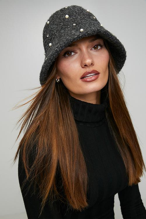 Charmaine Pearl Diamante Fluffy Bucket Hat - Charcoal
