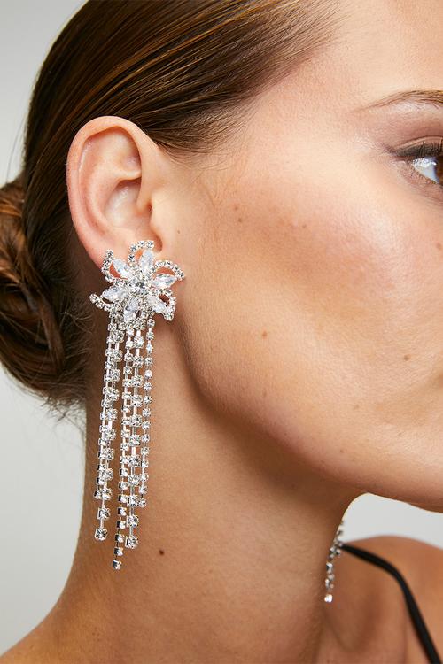 Elowen Floral Diamante Chandlier Earrings - Silver