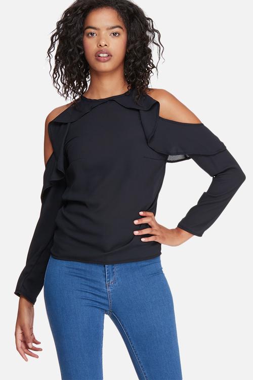 Fitted cold shoulder ruffle blouse