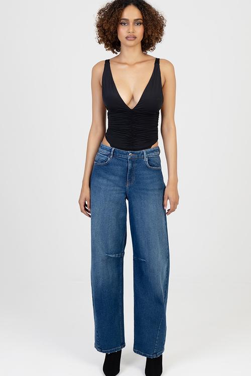 High Cut Bodysuit With Ruched - Black